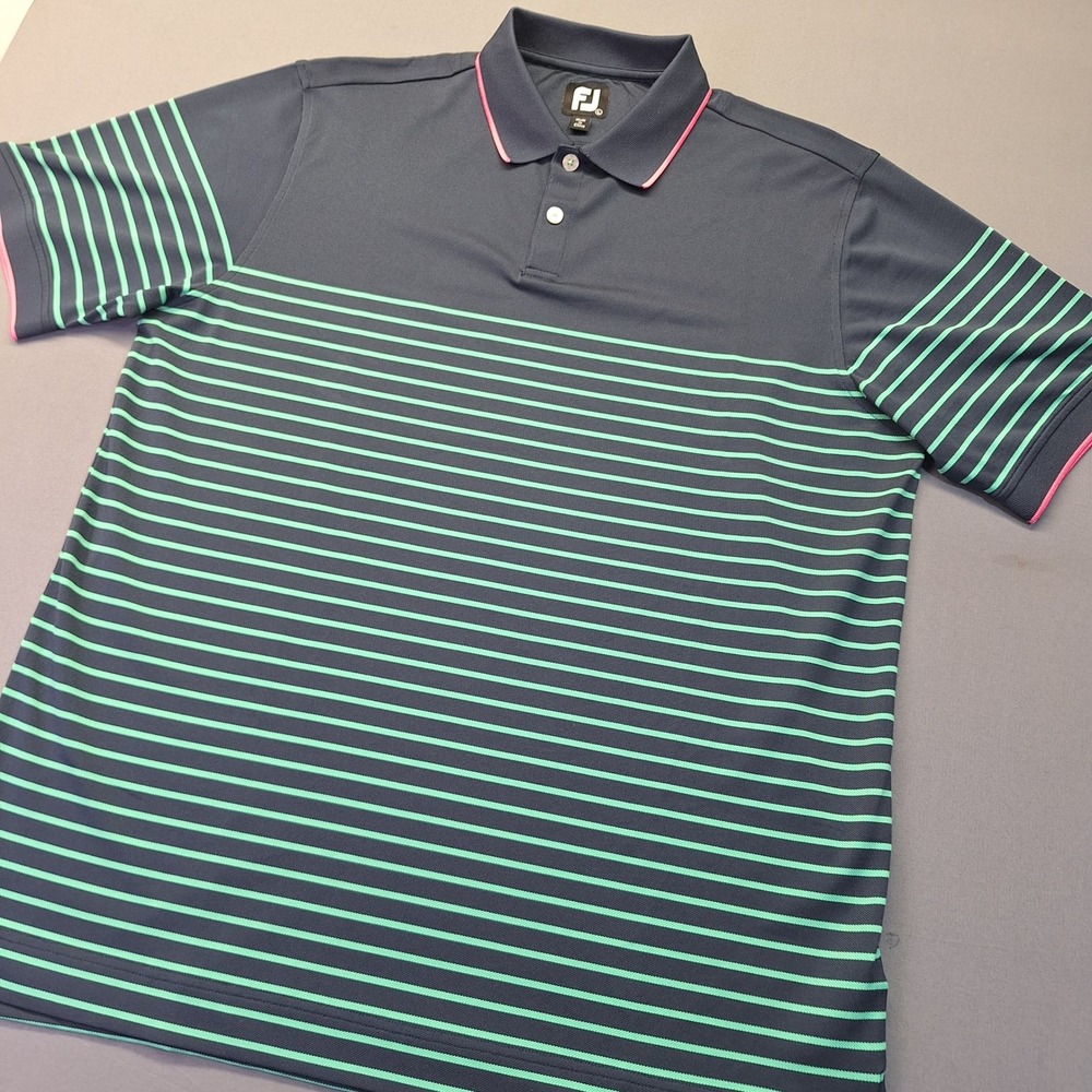 FootJoy Mens ProDry Golf Polo Shirt Navy Mint Stripe Pink Trim 28057 Large Retro